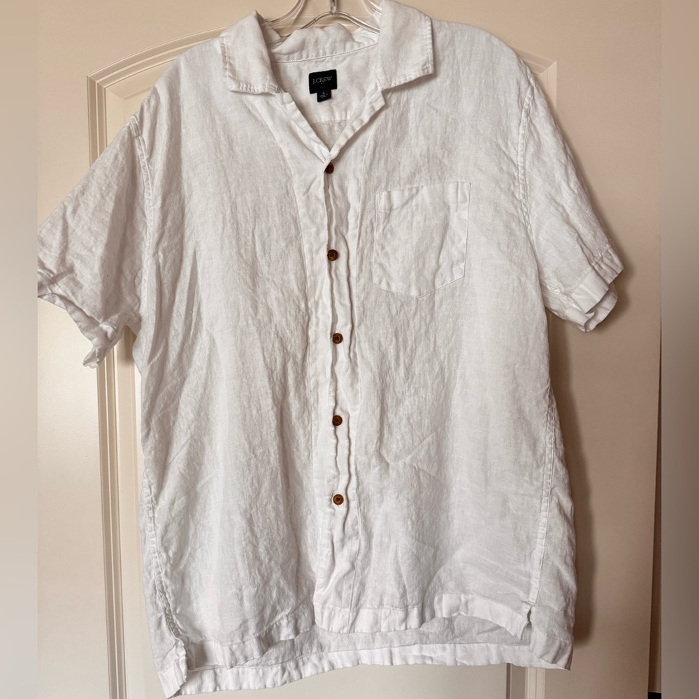 J. Crew White Linen Relaxed Collar Button-Front Top
